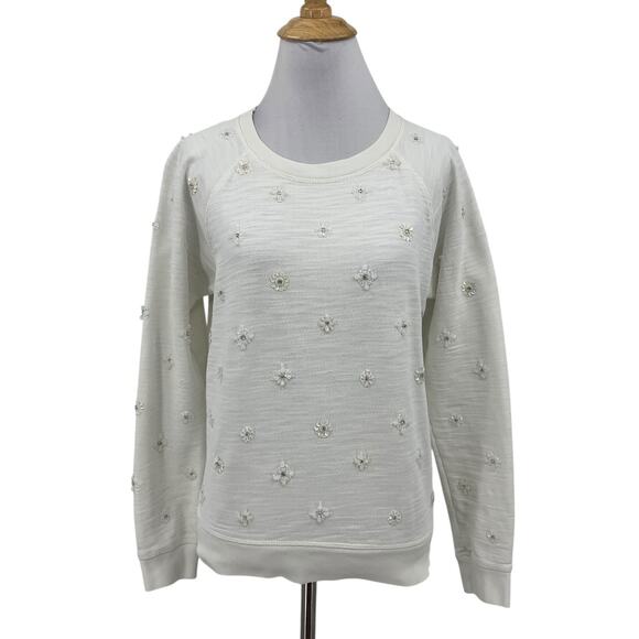 J Crew Sweatshirt Womens S Small Beaded Sequins Applique Crew Stretch Pullover - Picture 1 of 13